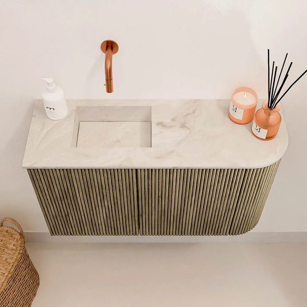 Mondiaz Joya DLux 70cm toiletmeubel ronding rechts dusk met wastafel faye links zonder kraangat frappe
