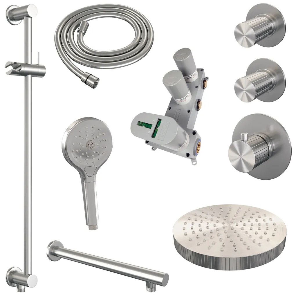 Brauer Stripe inbouw regendouche met 25cm hoofddouche, rechte muurarm en 3 standen handdouche en glijstang set 10 RVS geborsteld PVD