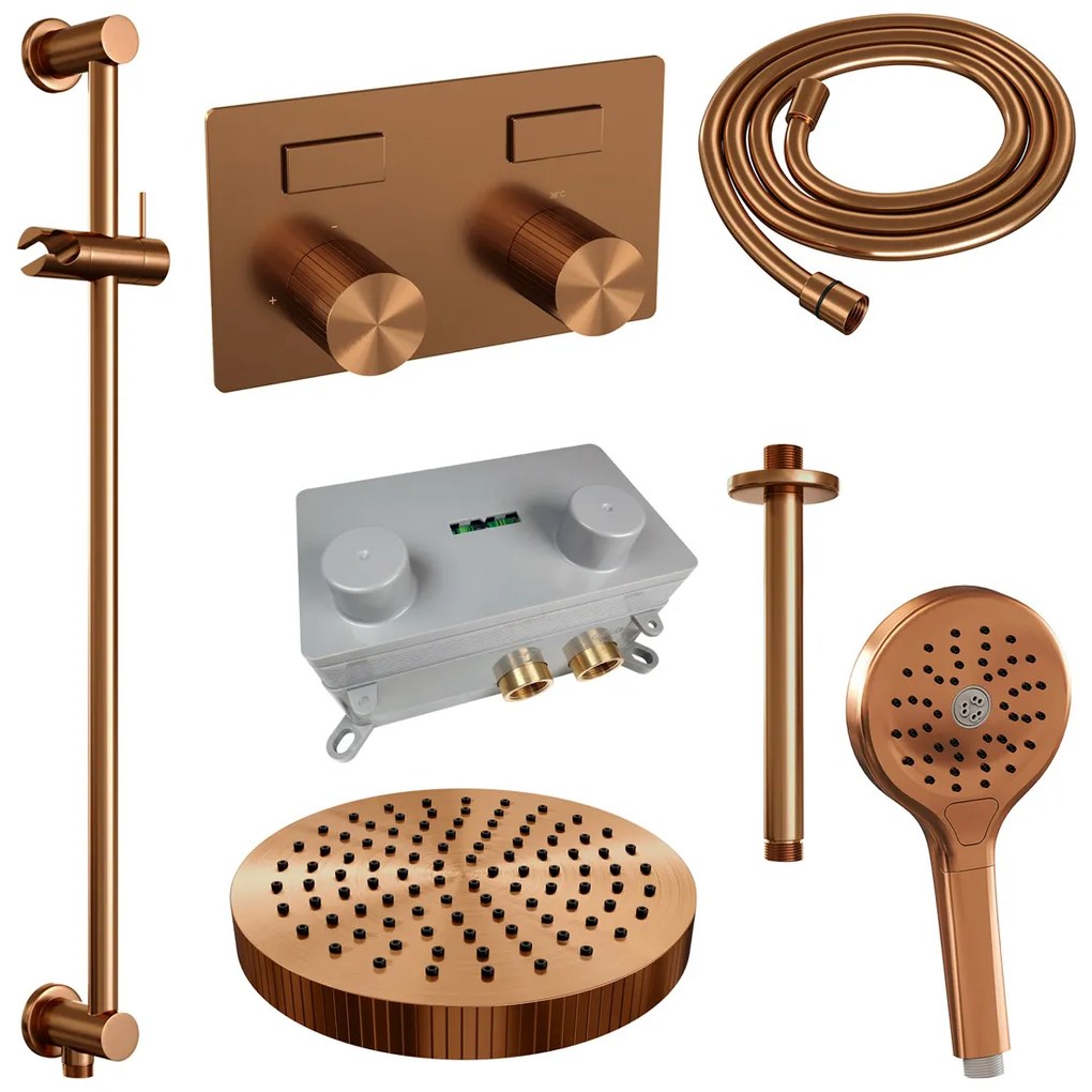 Brauer Stripe inbouw regendouche met 25cm hoofddouche, plafondarm, 3 standen handdouche en glijstang set 36 koper geborsteld PVD