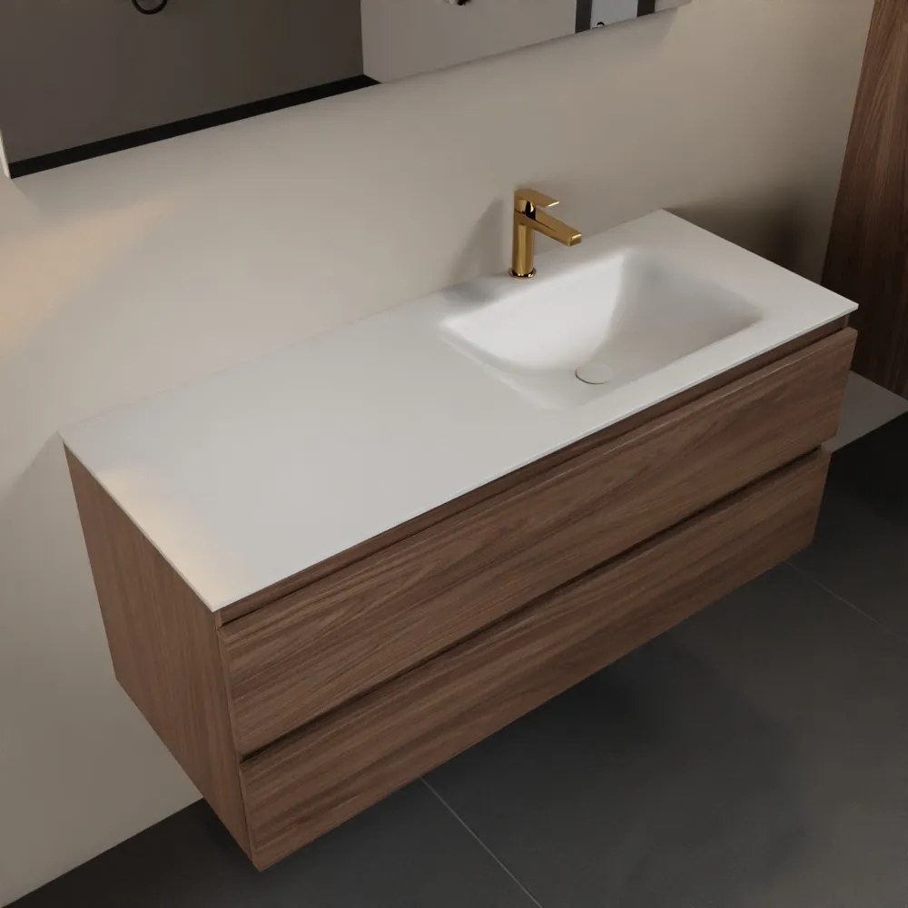 Mondiaz Aivy badmeubel 120cm mocha met wastafel solid surface talc rechts 1 kraangat en spiegel