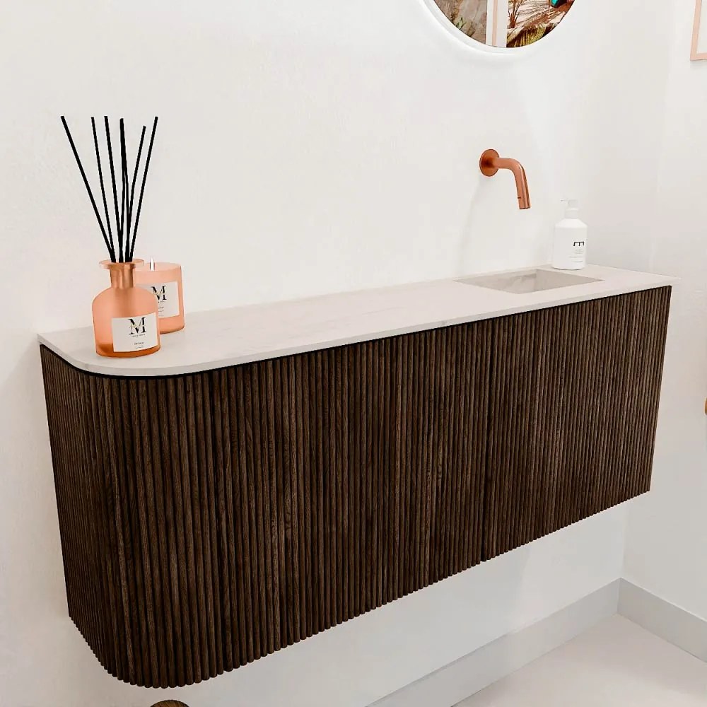 Mondiaz Joya DLux 100cm toiletmeubel ronding links walnut met wastafel faye rechts zonder kraangat meli