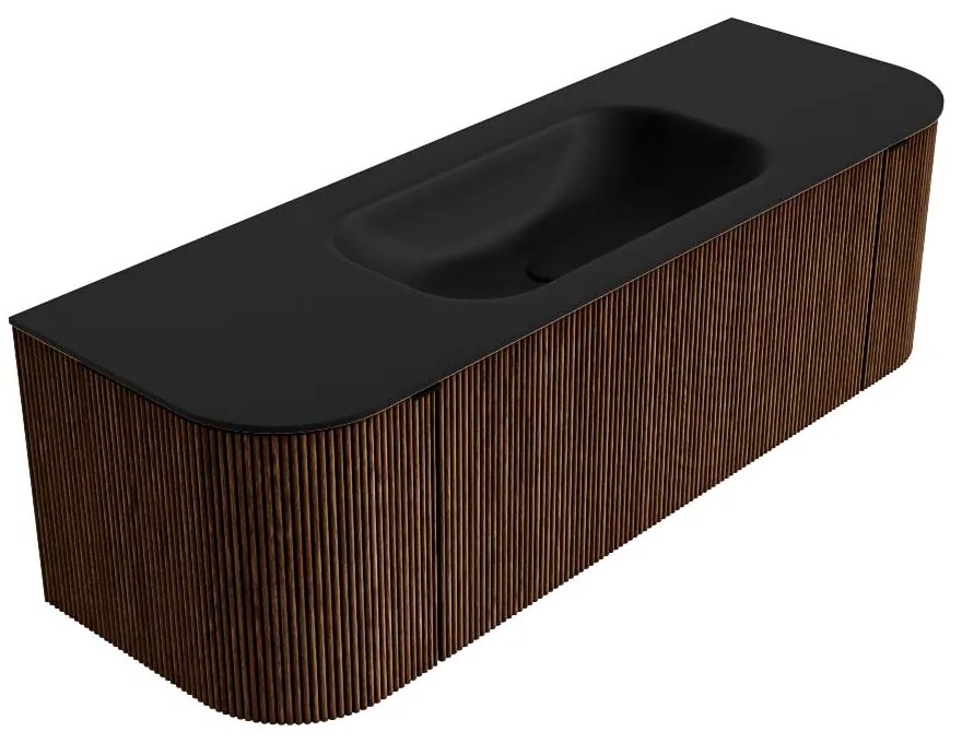 Mondiaz Kurve 140cm badmeubel ronding links/rechts walnut met 1 lade en 2 deuren en wastafel big small midden zonder kraangat urban