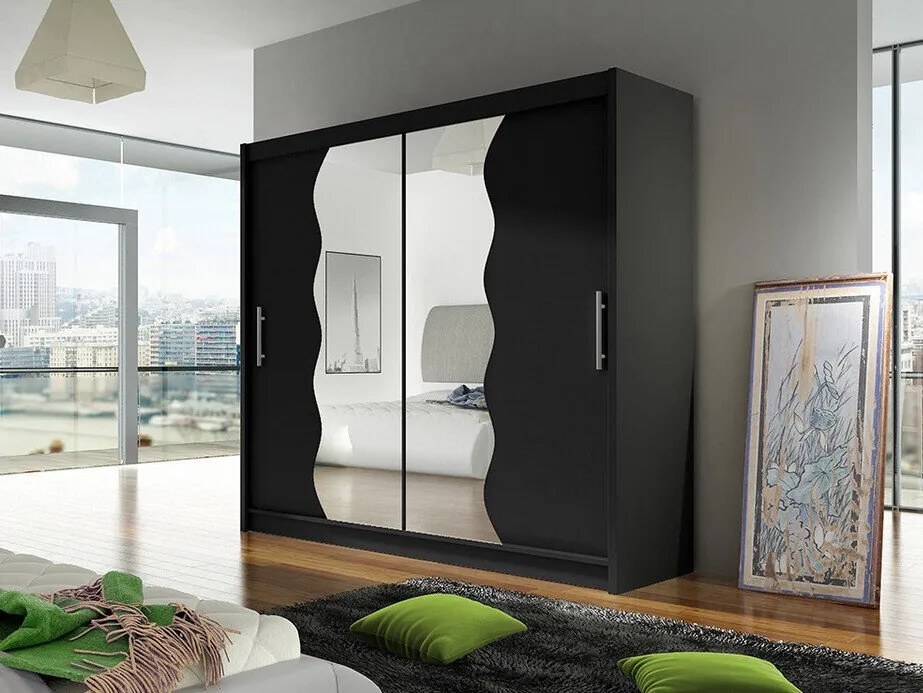 Kledingkast Closico 125, Zwart, 215x180x57cm, 147 kg, Kledingkast deuren: Schuivend, Aantal planken: 5, Aantal planken: 5