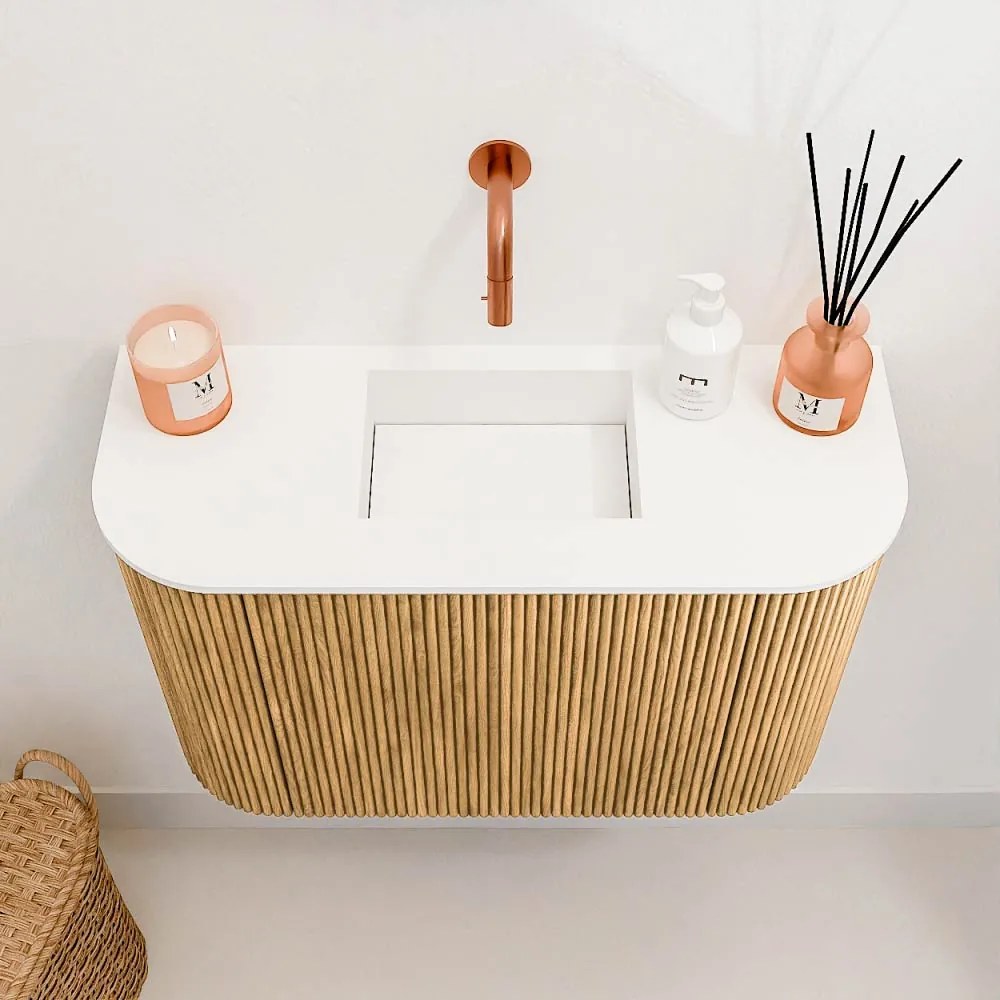 Mondiaz Joya 65cm toiletmeubel ronding links/rechts oak met wastafel faye midden zonder kraangat talc