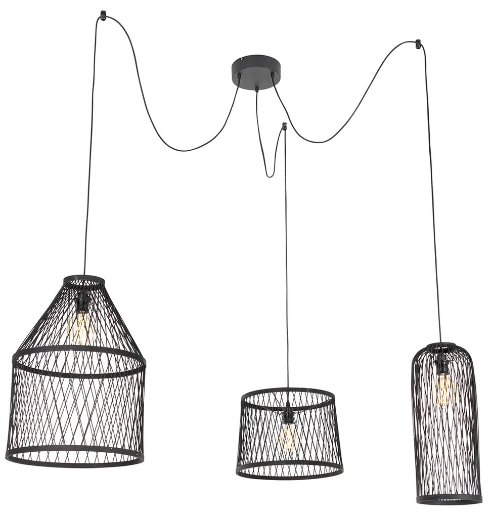 Landelijke buiten hanglamp zwart rotan 3-lichts - Calamus