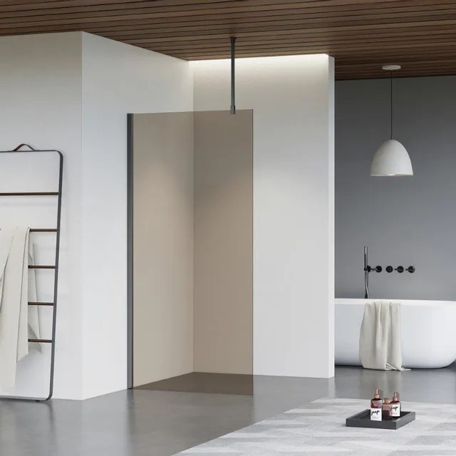 Fortifura Galeria inloopdouche - 30x200cm - rookglas - plafondarm - Geborsteld Gunmetal PVD SW797930/SW797907/SW804545