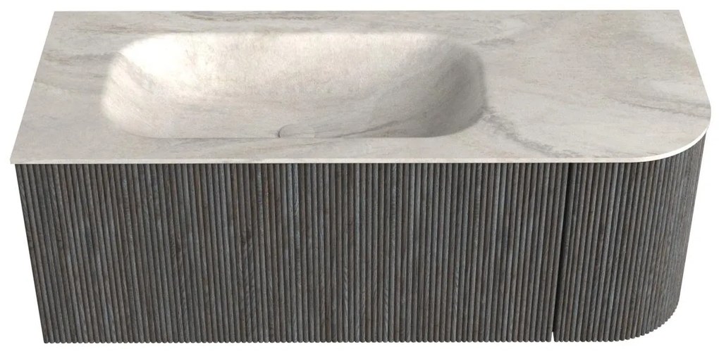 Mondiaz Kurve-dlux 115cm badmeubel ronding rechts shadow met 1 lade en deur en wastafel big small links zonder kraangat ostra