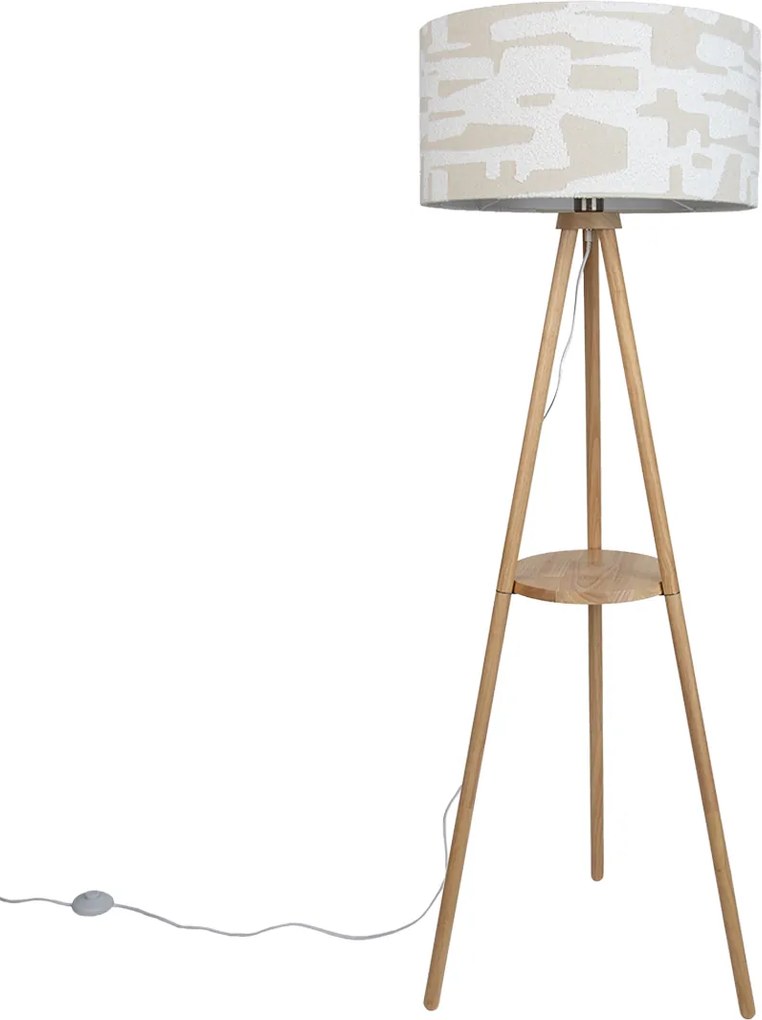 Vloerlamp hout tripod met wit en beige gestreepte kap 50cm - Lou
