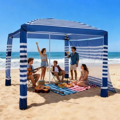 VEVOR strandcabana, 2,4 x 2,4 m strandluifel met zijwanden, UPF 50+ zonbescherming, cabana met zandzakken, in hoogte verstelbaar en draagbaar zonnescherm voor gezinnen, marineblauwe strepen
