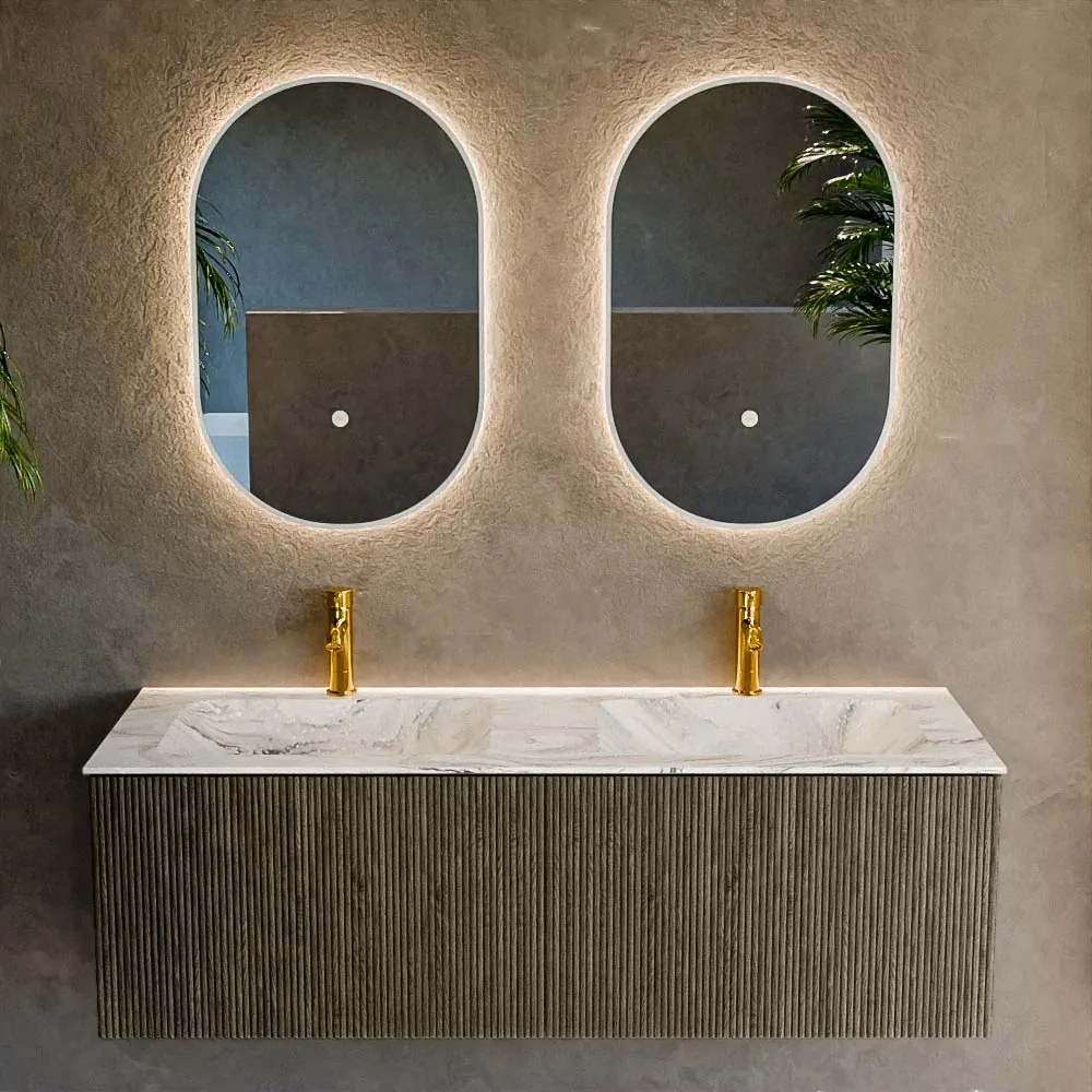 Mondiaz Kurve-dlux 130cm badmeubel shadow met 2 lades en wastafel leaf dubbel 2 kraangaten glace