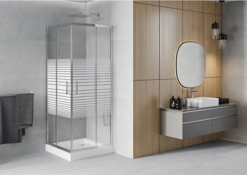 Mexen Rio vierkante douchecabine 70 x 70 cm, witte strepen, chroom + douchebak, wit - 860-070-070-01-20-4510