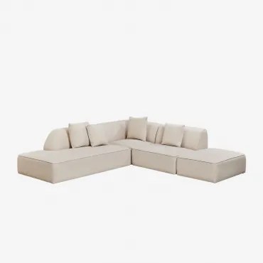 Cardea 3-delige Modulaire Hoekbank Met Chaise Longue Links En Gestoffeerde Poef Stof Chenille Beige – Crème - Sklum