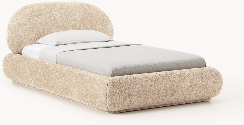 Gestoffeerd eenpersoonsbed Alba van teddy bouclé met opbergruimte