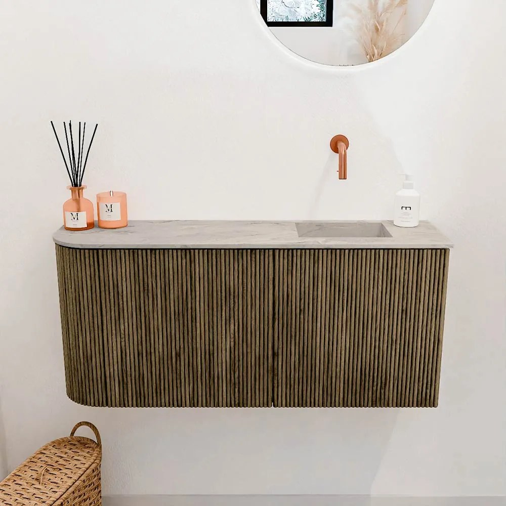 Mondiaz Joya DLux 90cm toiletmeubel ronding links dusk met wastafel faye rechts zonder kraangat glace