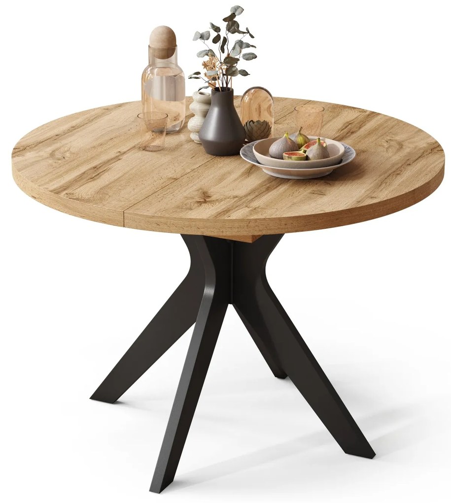 RENZO Wotan Eiken/zwarte poot - RONDE TAFEL Ø110 UITKLAPBAAR TOT 180 cm | VOOR DE KEUKEN EETKAMER WOONKAMER RETRO