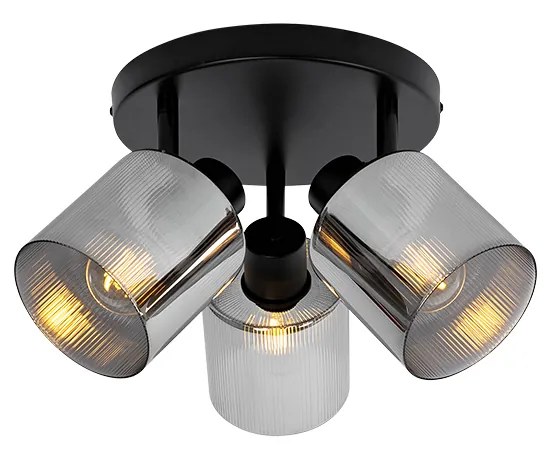 PlafondSpot / Opbouwspot / Plafondspot zwart met smoke glas rond 3-lichts verstelbaar - Laura Art Deco E27 Binnenverlichting Lamp