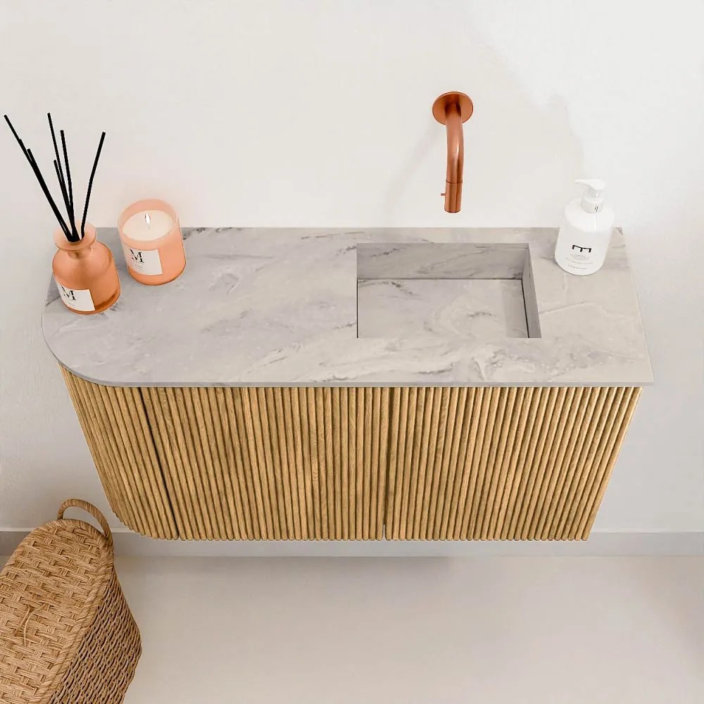 Mondiaz Joya DLux 70cm toiletmeubel ronding links oak met wastafel faye rechts zonder kraangat glace