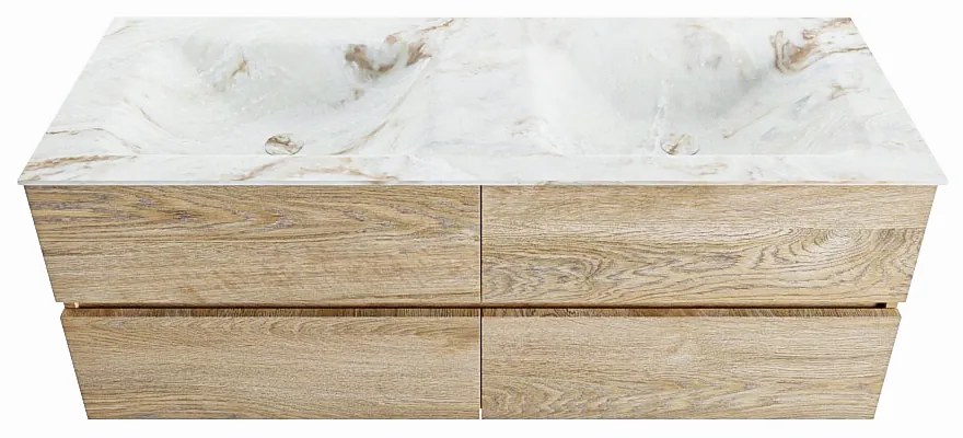 Mondiaz Vica DLux badmeubel 130cm washed oak 4 lades met wastafel frappe dubbel 2 kraangaten