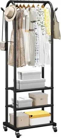 VEVOR Kledingrek op wielen met kledingstang en 3 planken, draagvermogen tot 45 kg, robuust kledingrek van koolstofstaal voor slaapkamer, wasruimte, woonkamer