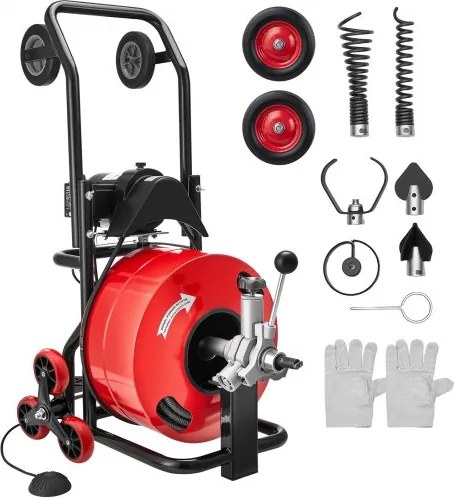 VEVOR pijpreinigingsmachine φ19 mm x 30 m, reinigingsspiraal met automatische aanvoer, meerwielige combinatie, 6 snijgereedschappen en pneumatische voetschakelaar voor pijpdiameters van 100 tot 200 mm