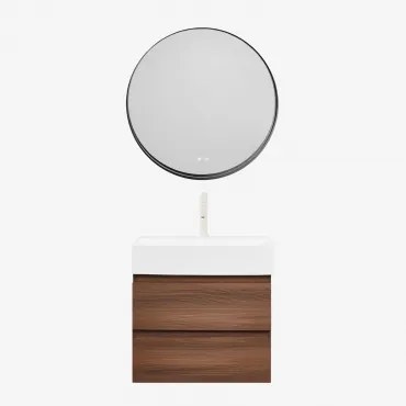 Badkamermeubelset Van Hout En Essenhoutfineer Met Geïntegreerde Wastafel Ona Donker Hout & Round Led And Antifog Zwart Ø80 Cm - Sklum