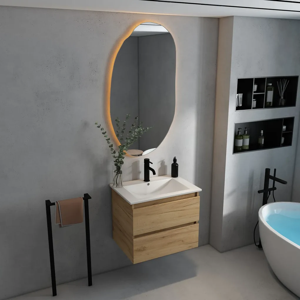 Fontana Rovigo badmeubel 60cm met witte wastafel en kraangat warm eiken