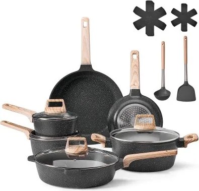 VEVOR Inductiepannenset (17 stuks) met glazen deksels, antiaanbak kookgerei, inductiekookpannen voor de camperkeuken om te frituren, sauzen te kruiden en te koken (zwart)