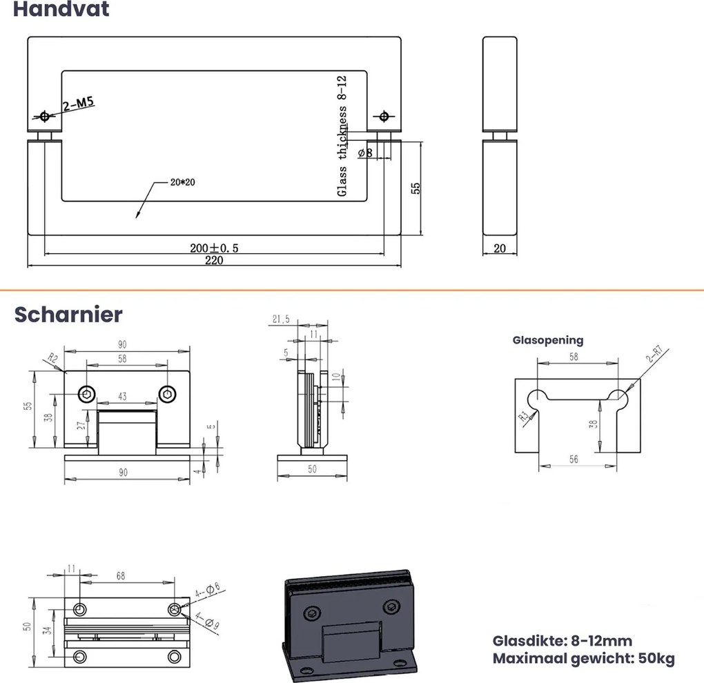 Saniclear Modern scharnieren + handvat voor douchedeur chroom