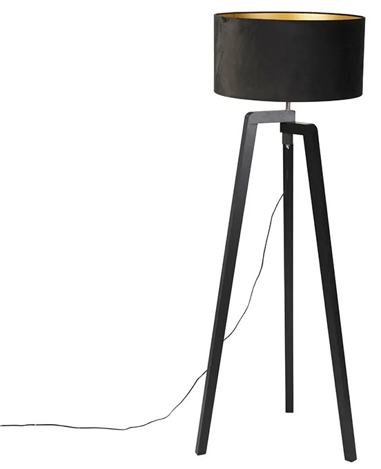 Vloerlamp tripod zwart hout met zwarte kap 50 cm - Puros