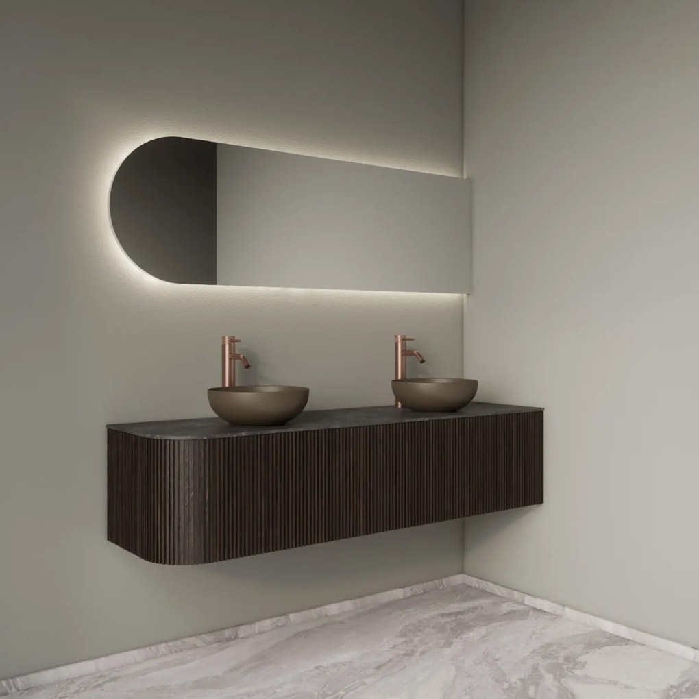 Gliss Design Alluro badmeubel ribbelfront met ronding links 160cm ebony en zwart leisteen toppaneel