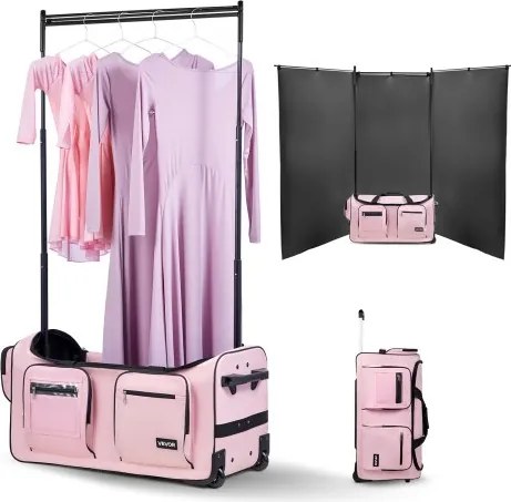 VEVOR Danstas met kledingrek, 736,6 mm, rolkoffer met wielen, USB-poort, in hoogte verstelbare kledingstang en privacygordijn, ideaal voor reizen en wedstrijden, roze