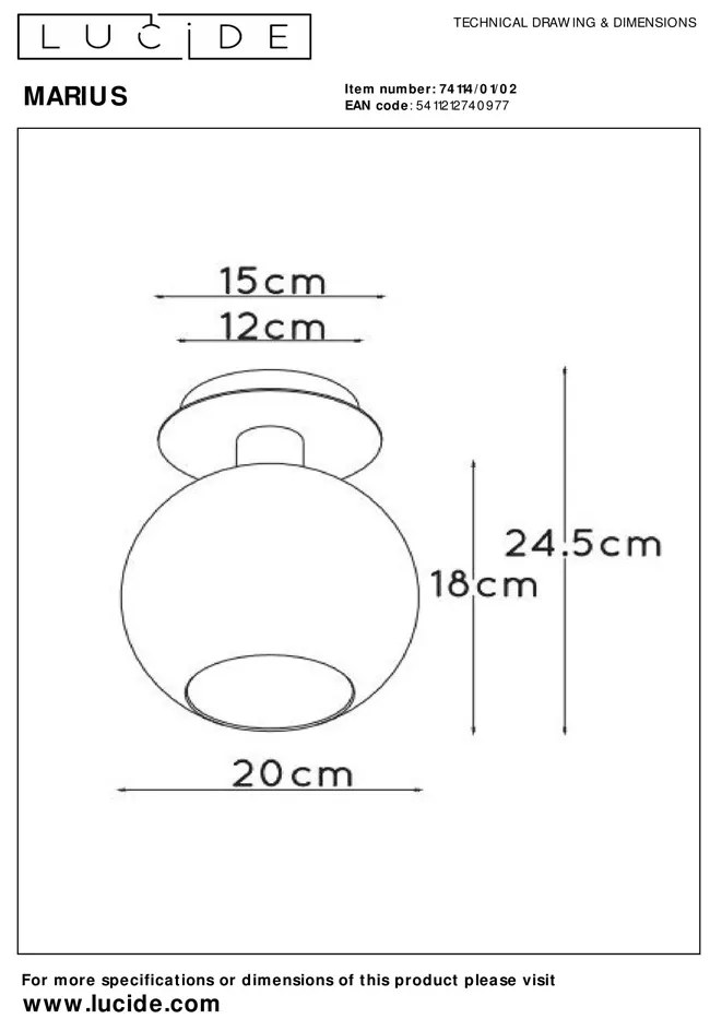 Lucide Marius plafondlamp 20cm 1x E27 zwart