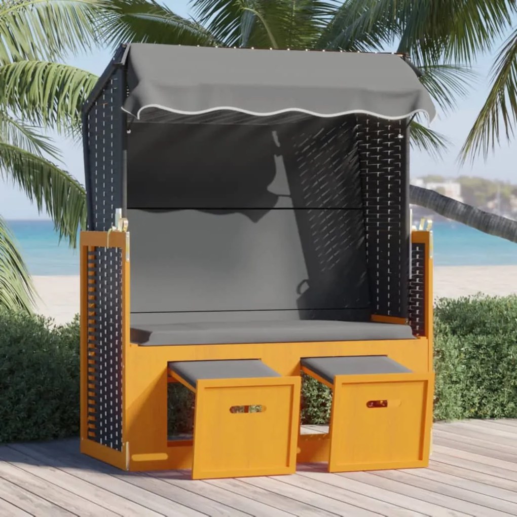 vidaXL Strandstoel met luifel poly rattan en hout zwart en antraciet