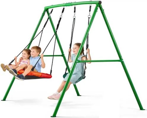 VEVOR tuinschommel met A-vormig metalen onderstel, dubbele schommel (1 schotelschommel & 1 bandenschommel), draagvermogen tot 199,6 kg, buitenschommelset, verstevigd met spiraalvormige grondankers.