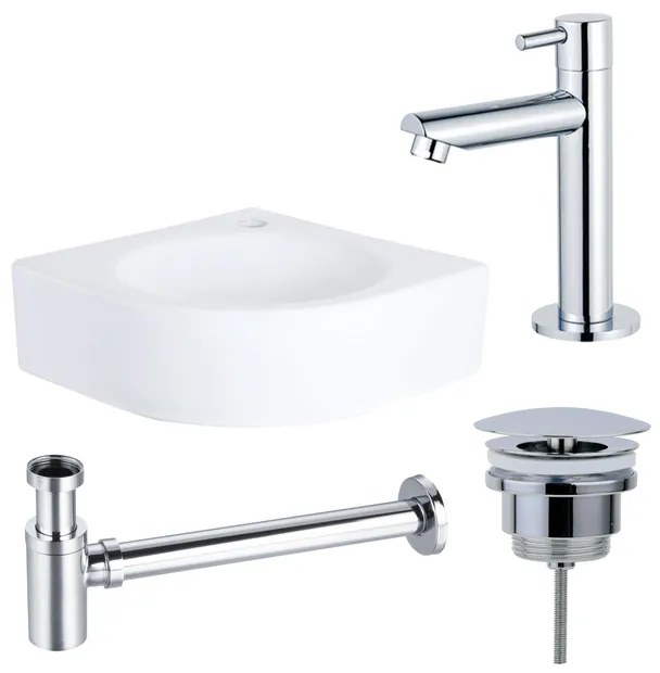 QeramiQ Fuente fonteinset - 30x30x10cm - 1 kraangat - hoek - keramiek - fonteinkraan chroom - glans wit SW696234/SW696209/SW696219/SW679885