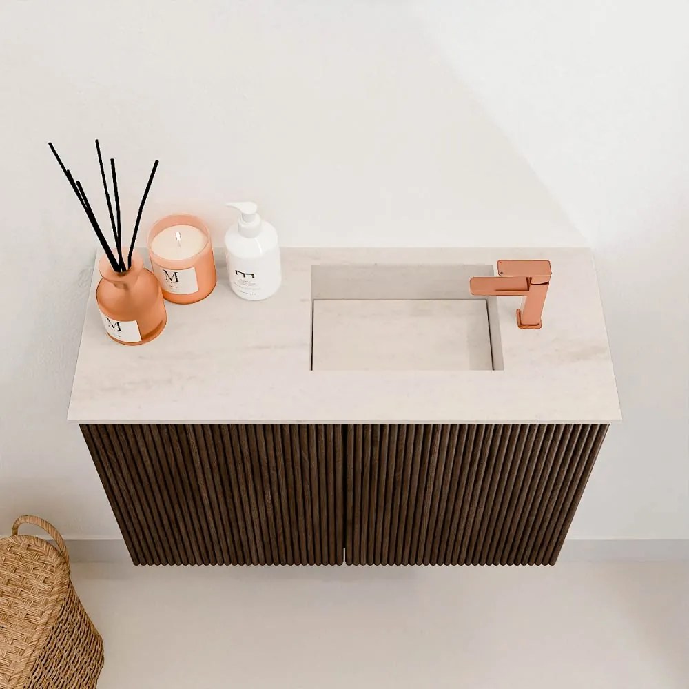Mondiaz Joya DLux 60cm toiletmeubel walnut met wastafel faye rechts 1 kraangat meli