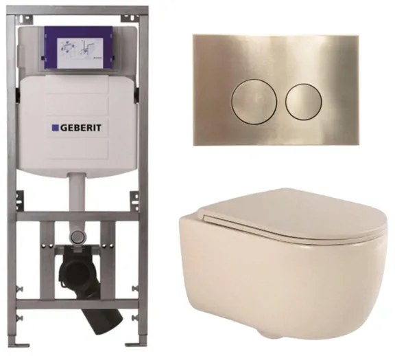 QeramiQ Dely Swirl Toiletset - 36.3x51.7cm - Geberit UP320 inbouwreservoir - met Burda frame -slim zitting - geborsteld messing bedieningsplaat - ronde knoppen - beige 0701131/SW706200/SW1000770/SW1026259