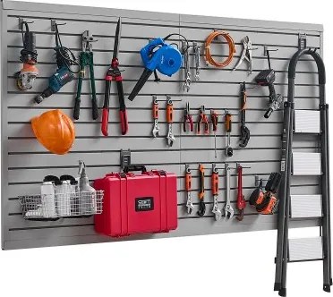 VEVOR Gereedschapswand 1225x2450x20 mm, PVC Garage Slatwall met accessoires, 136 kg per paneel, Slatwall paneel met koppelstructuur en DIY-zaagwerk, geschikt voor opslag en presentatie