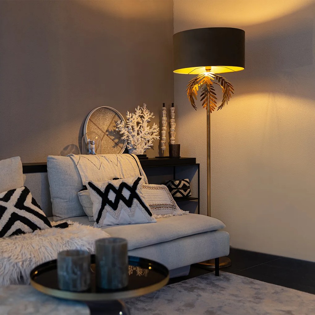 Vintage vloerlamp goud 145 cm met velours kap taupe 50 cm - Botanica