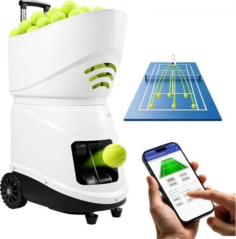 VEVOR Tennisballenmachine, max. 129 km/u, tafelballenwerper, capaciteit van 150 ballen met spinregeling, app-bediening, 3 trainingsmodi, 4 uur batterijduur, uitschuifbare handgreep, wielen en kunststof behuizing.