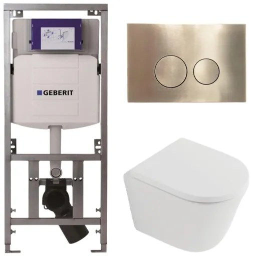 QeramiQ Dely Toiletset - 36.3x51.7cm - diepspoel - rimless - Geberit UP320 inbouwreservoir - softclose toilet zitting 35 mm - geborsteld messing bedieningsplaat - ronde knoppen - mat wit SW1026254/SW1000767/0701131/SW706200