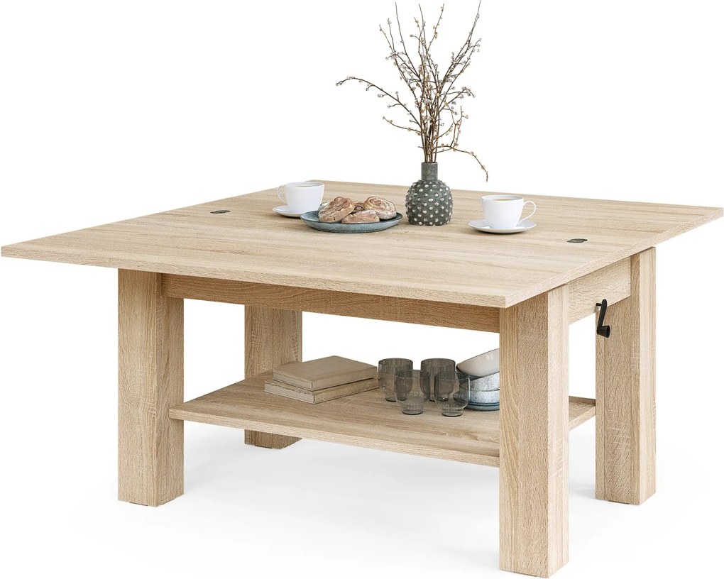 BRAVO sonoma eiken – uitschuifbare en in hoogte verstelbare salontafel, tafel met plank