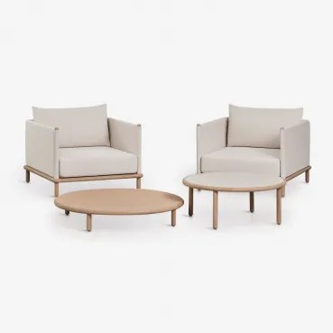 Woonkamerset Met 2 Fauteuils En 2 Ronde Salontafels Van Acaciahout Olivia Lichte Acaciekleur & Lichtbruin Acacia - Wit Gardenia - Sklum