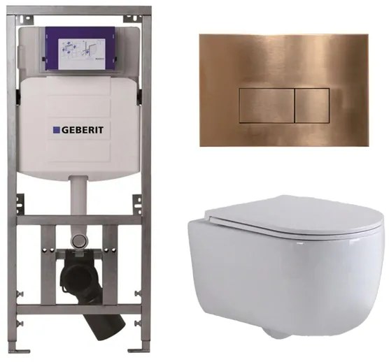 QeramiQ Dely Swirl Toiletset - 36.3x51.7cm - Geberit UP320 Burda inbouwreservoir - slim zitting - koperen bedieningsplaat - rechthoekige knoppen - wit glans 0701131/SW706197/SW1000766/SW1026256