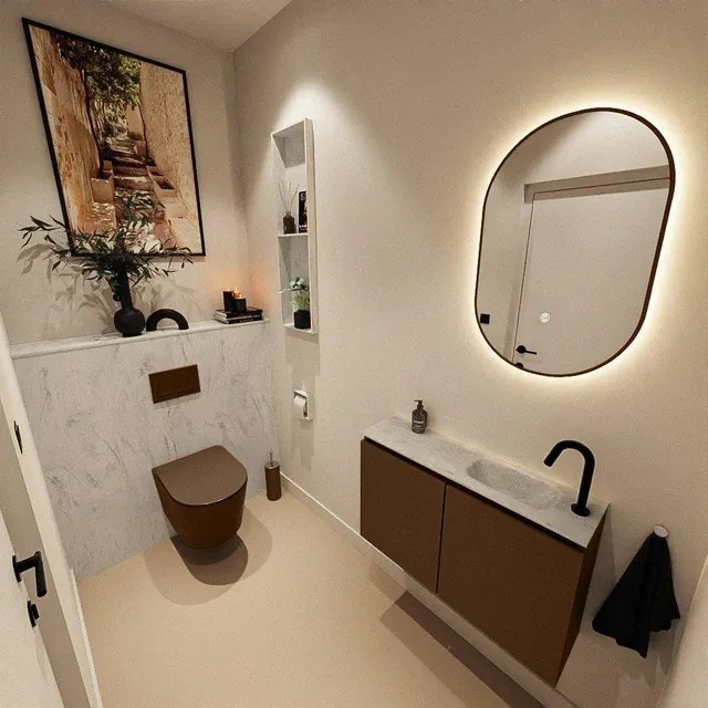 MONDIAZ TURE-DLUX 80cm toiletmeubel Rust. EDEN wastafel Opalo positie rechts. Met 1 kraangat. TUREDX80RUSR1OPA