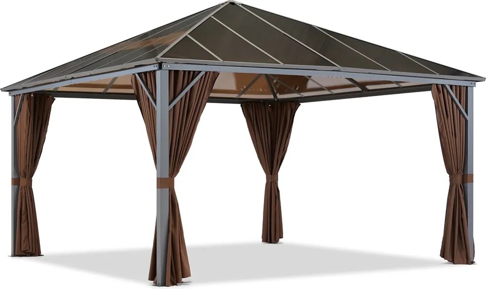 Milos tuinhuisje 4x4m met bruine gordijnen Tuinpunt