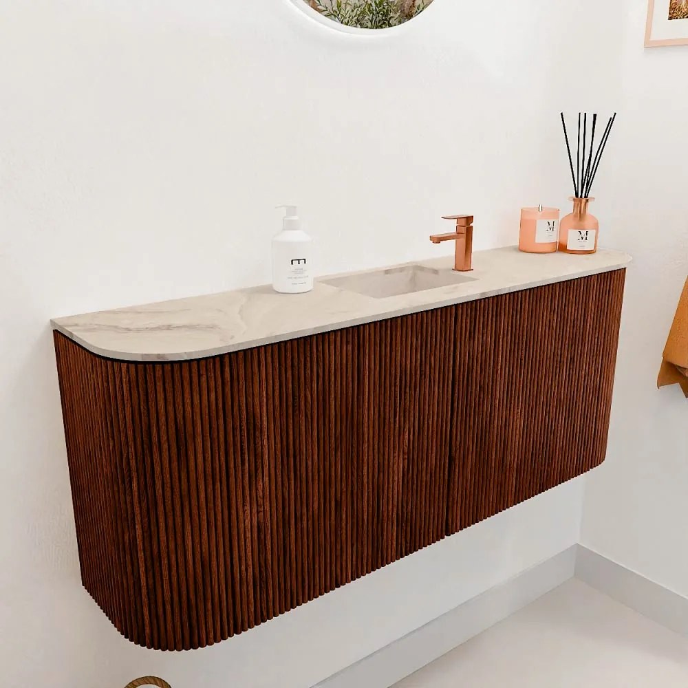 Mondiaz Joya DLux 105cm toiletmeubel ronding links/rechts ruby met wastafel faye midden 1 kraangat frappe