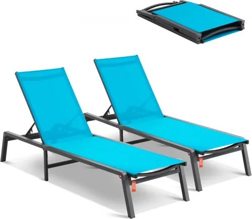VEVOR Outdoor Chaise Lounge Chairs, Aluminium Patio Lounge Chairs met 5 Verstelbare Standen, Opvouwbare Zwembad Lounge Chairs, Ligstoelen voor Terras, Strand, Zwembad, Blauw, 2-Pack