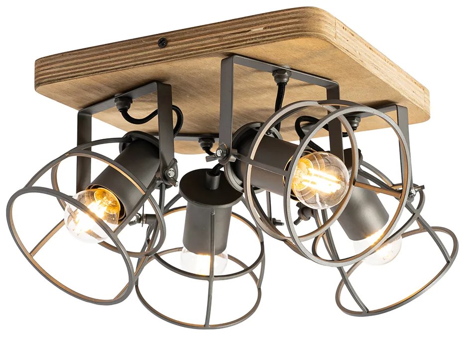 Industriële spot hout met donkergrijs verstelbaar 4-lichts - Arthur