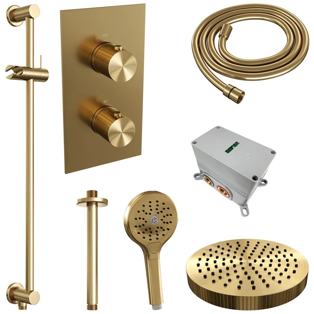 Brauer Stripe inbouw regendouche met 25cm hoofddouche, met plafondarm, glijstang en 3 standen handdouche set 24 messing geborsteld PVD